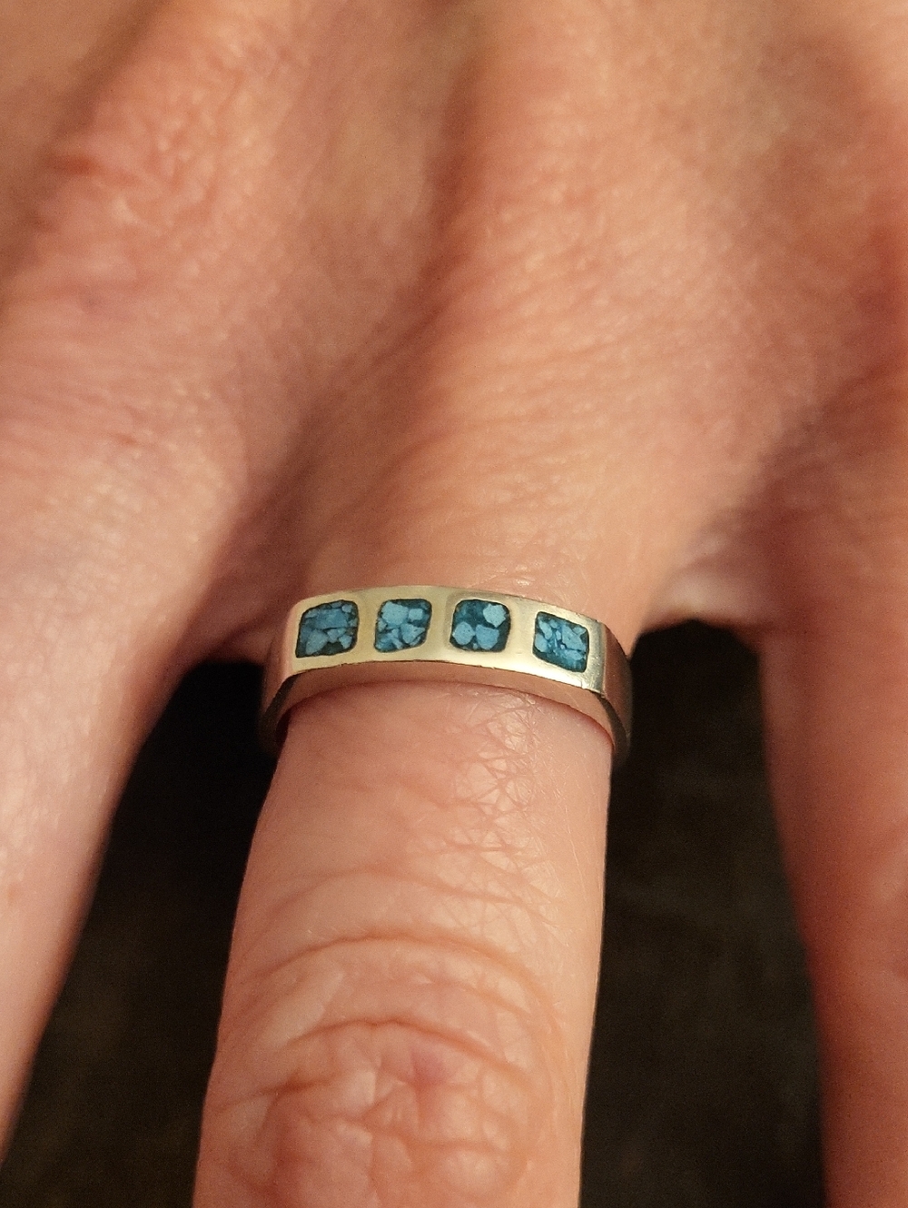 Vintage Mexico 925 Sterling Turquoise Mosaic Chip Inlay Band Ring